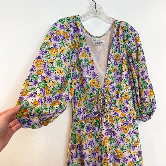 Nicholas Danielle Floral Deep V Neck Preppy Quarter Sleeve Tie Front Maxi Dress - Picture 3 of 9